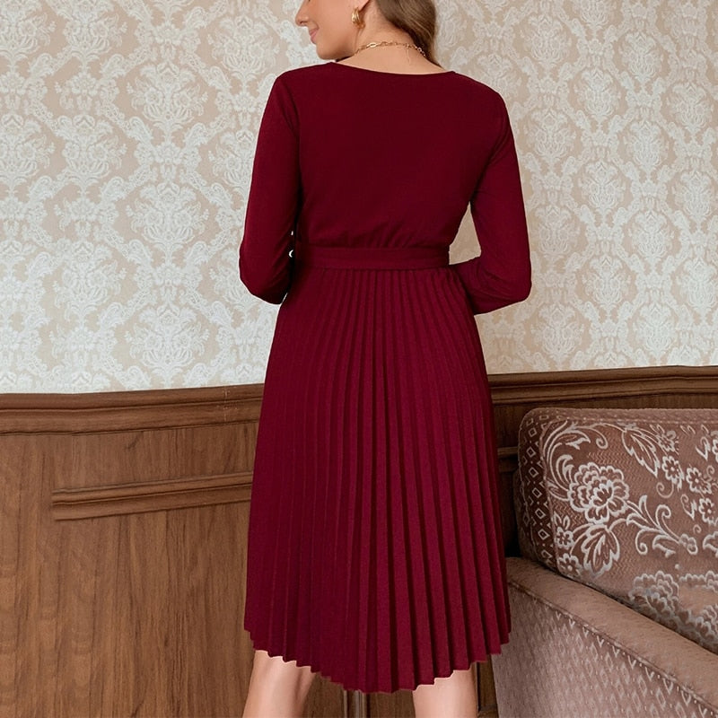 Pleated Hem Belted A-Line Dress Office Lady Elegant Dresses