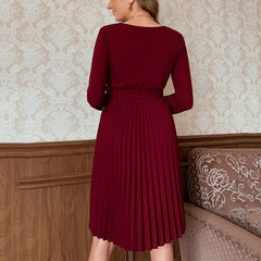 Pleated Hem Belted A-Line Dress Office Lady Elegant Dresses