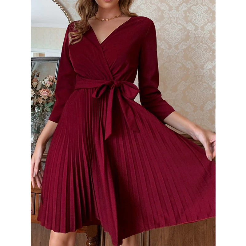 Pleated Hem Belted A-Line Dress Office Lady Elegant Dresses