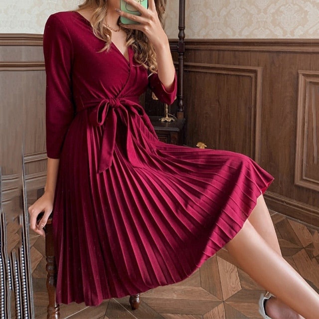 Pleated Hem Belted A-Line Dress Office Lady Elegant Dresses