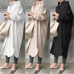 Long Shirt Dress Lapel Neck Long Sleeve Solid Vestido Casual