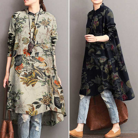 Women's Floral Blouses Elegant Shirt Vestidos Casual Long Sleeve