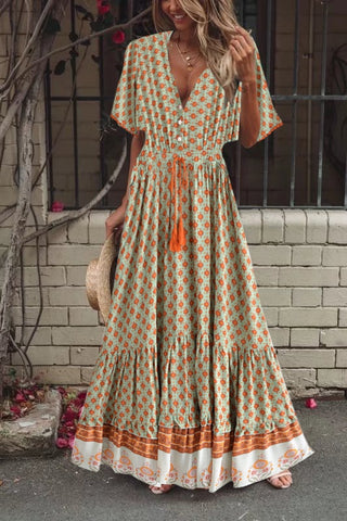 Vintage Chic Fashion Women Floral Print V-neck Rayon Beach Bohemian Maxi Dress