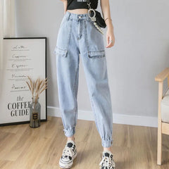 Big Pocket Loose Elastic Waist Ankle Banded Jeans Casual Solid Color Denim Cargo Pants