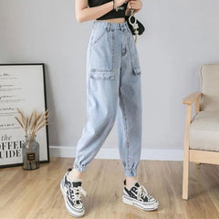 Big Pocket Loose Elastic Waist Ankle Banded Jeans Casual Solid Color Denim Cargo Pants