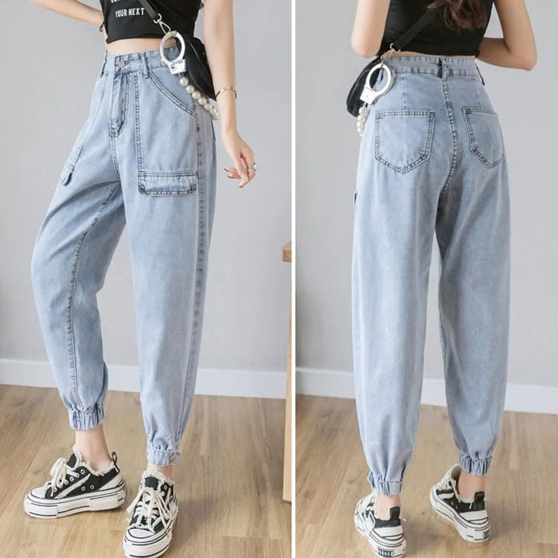 Big Pocket Loose Elastic Waist Ankle Banded Jeans Casual Solid Color Denim Cargo Pants