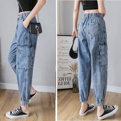 Big Pocket Loose Elastic Waist Ankle Banded Jeans Casual Solid Color Denim Cargo Pants