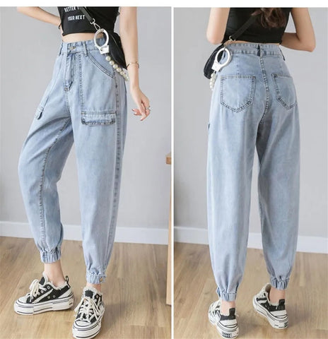 Big Pocket Loose Elastic Waist Ankle Banded Jeans Casual Solid Color Denim Cargo Pants