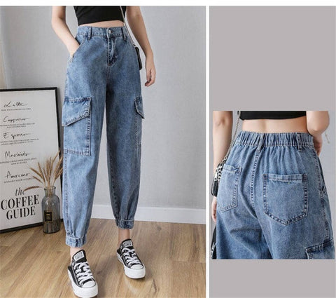 Big Pocket Loose Elastic Waist Ankle Banded Jeans Casual Solid Color Denim Cargo Pants