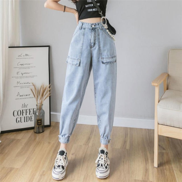 Big Pocket Loose Elastic Waist Ankle Banded Jeans Casual Solid Color Denim Cargo Pants