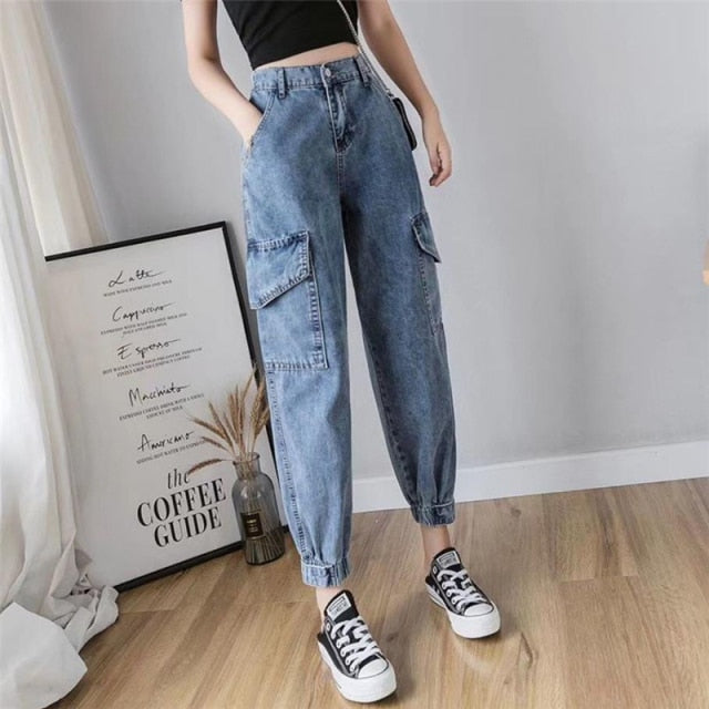 Big Pocket Loose Elastic Waist Ankle Banded Jeans Casual Solid Color Denim Cargo Pants