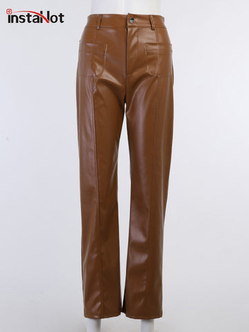Faux Leather Pant Pockets Straight Pant Trousers Elegant High Waist Office