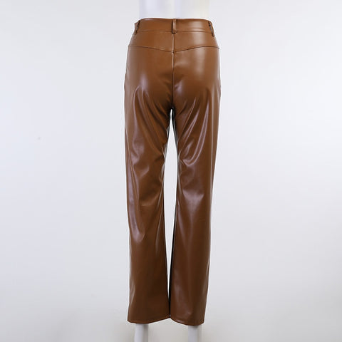 Faux Leather Pant Pockets Straight Pant Trousers Elegant High Waist Office