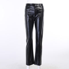 Faux Leather Pant Pockets Straight Pant Trousers Elegant High Waist Office