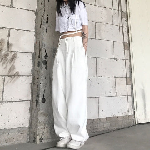 Woman High Waist Pants Vintage Casual Loose Full Length Wide Leg Cotton Trousers