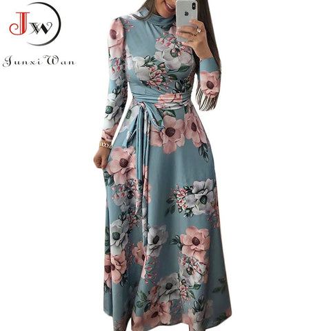 Casual Long Sleeve Boho Floral Print Maxi Dress Turtleneck Bandage Elegant