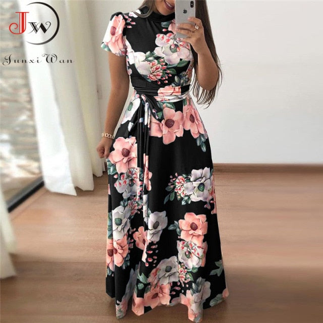 Casual Long Sleeve Boho Floral Print Maxi Dress Turtleneck Bandage Elegant