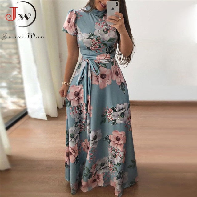 Casual Long Sleeve Boho Floral Print Maxi Dress Turtleneck Bandage Elegant