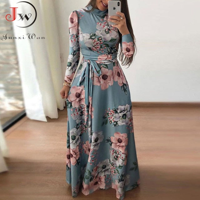 Casual Long Sleeve Boho Floral Print Maxi Dress Turtleneck Bandage Elegant