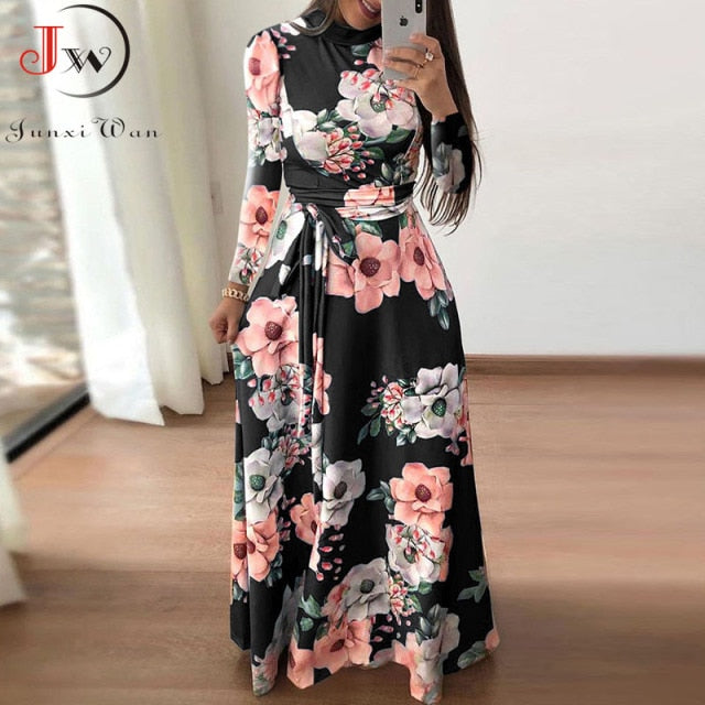 Casual Long Sleeve Boho Floral Print Maxi Dress Turtleneck Bandage Elegant