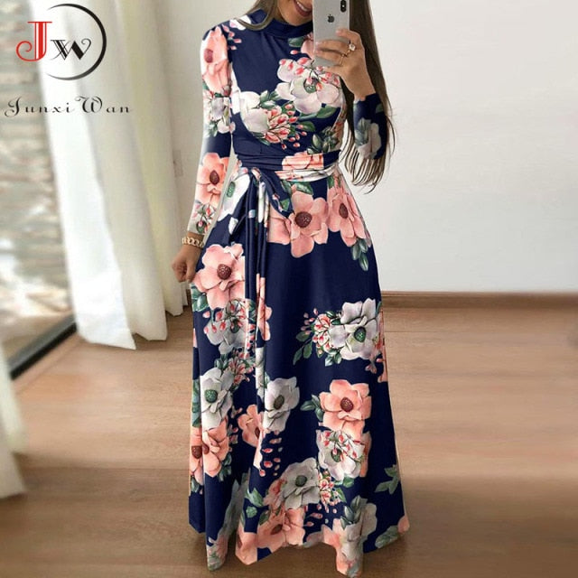 Casual Long Sleeve Boho Floral Print Maxi Dress Turtleneck Bandage Elegant