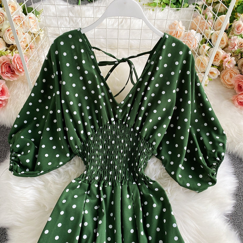 Polka Dot Romper Women Elegant V-Neck Puff Short Sleeve High Waist Jumpsuit