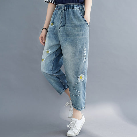 Embroidery Women Jeans Fashion Sweet Girl Ripped Hole Casual