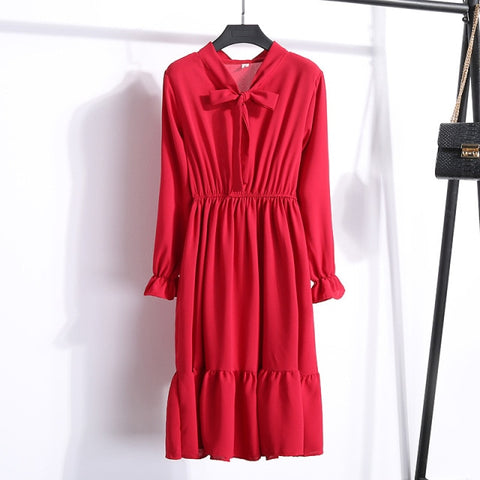 Solid Color Long Women Dress Vintage Elegant Bow Collar Shirt Dress