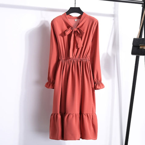 Solid Color Long Women Dress Vintage Elegant Bow Collar Shirt Dress
