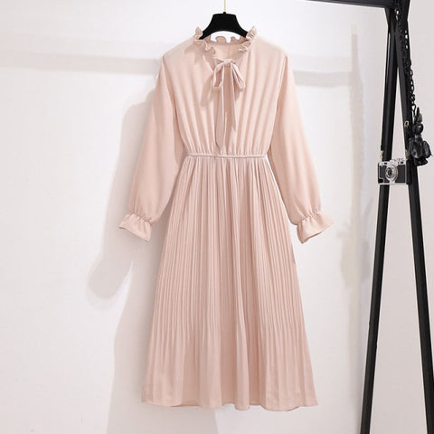 Solid Color Long Women Dress Vintage Elegant Bow Collar Shirt Dress