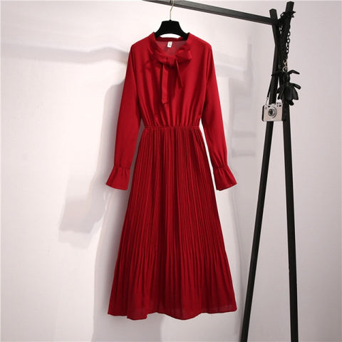 Solid Color Long Women Dress Vintage Elegant Bow Collar Shirt Dress