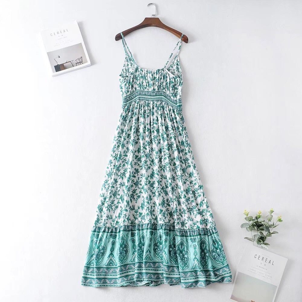 Bohemian White Green Floral print Sling Swing Dress