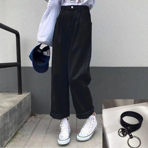 Solid Vintage High Waist Wide Leg Denim Trousers Simple