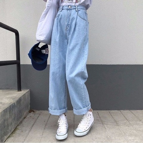 Solid Vintage High Waist Wide Leg Denim Trousers Simple