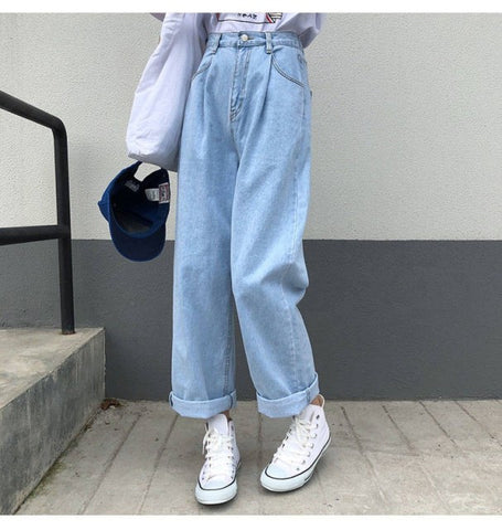 Solid Vintage High Waist Wide Leg Denim Trousers Simple