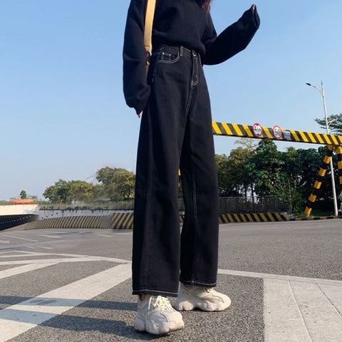 Solid Vintage High Waist Wide Leg Denim Trousers Simple