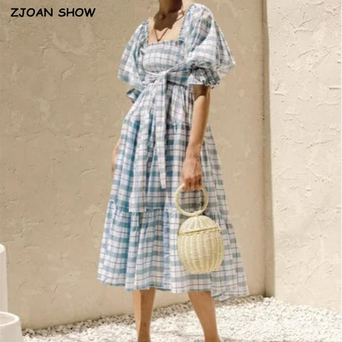 Vintage Gingham Lakeblue Plaid Elastic Ruched Body Puff Sleeve Swing Dress