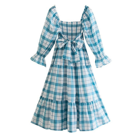 Vintage Gingham Lakeblue Plaid Elastic Ruched Body Puff Sleeve Swing Dress