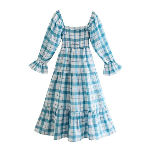 Vintage Gingham Lakeblue Plaid Elastic Ruched Body Puff Sleeve Swing Dress