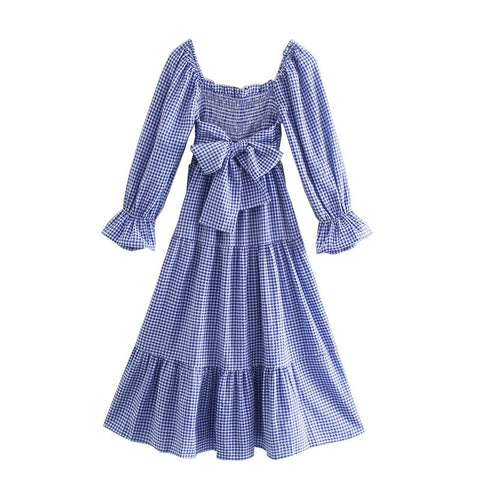 Vintage Gingham Lakeblue Plaid Elastic Ruched Body Puff Sleeve Swing Dress