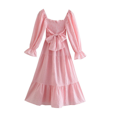 Vintage Gingham Lakeblue Plaid Elastic Ruched Body Puff Sleeve Swing Dress