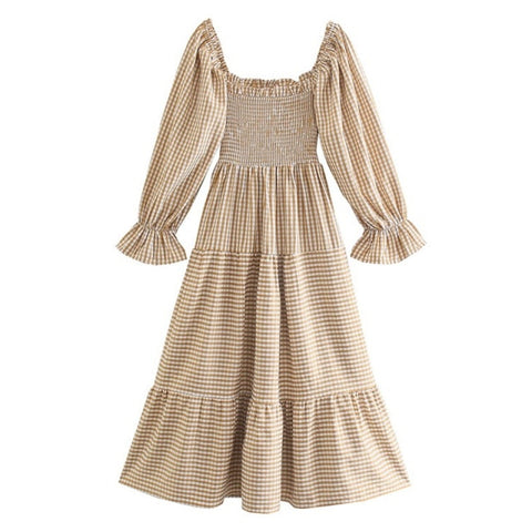 Vintage Gingham Lakeblue Plaid Elastic Ruched Body Puff Sleeve Swing Dress