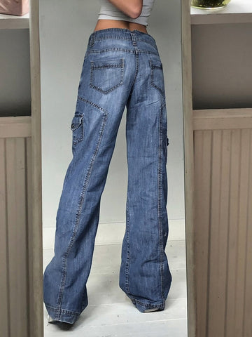 Jeans Streetwear High Waist Jeans Wide Leg Pockets Patchwork Baggy Cargo