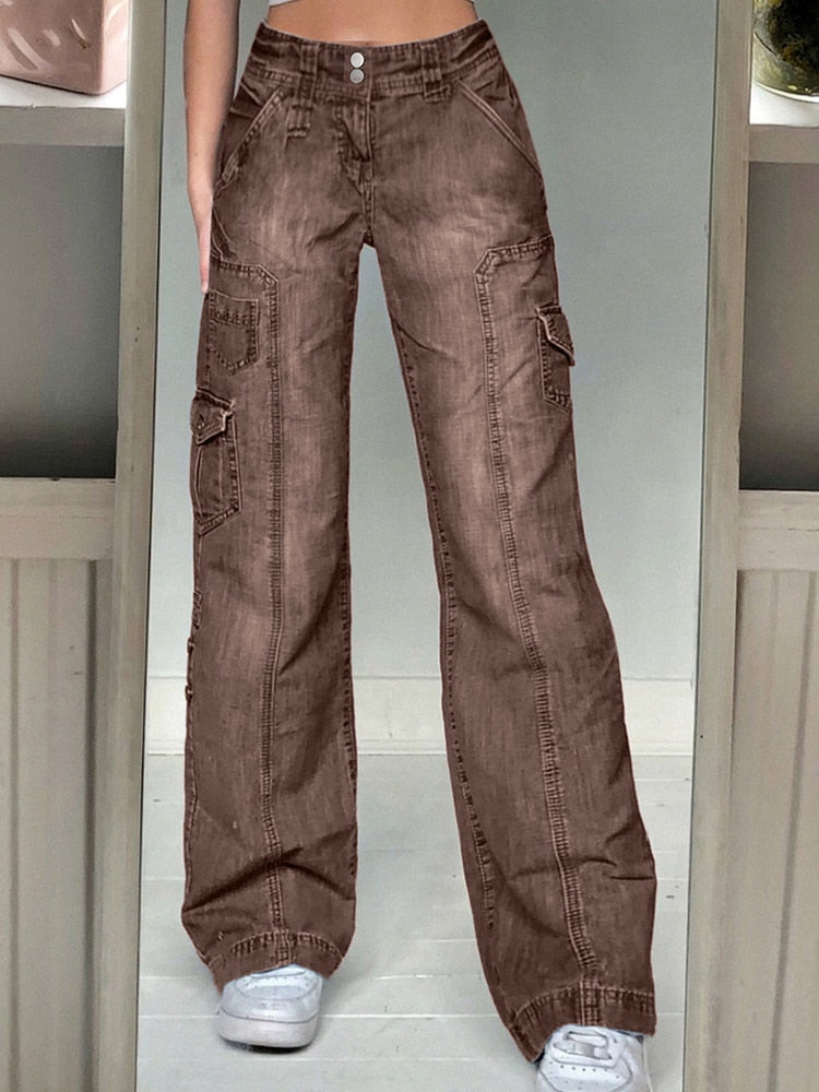 Jeans Streetwear High Waist Jeans Wide Leg Pockets Patchwork Baggy Cargo