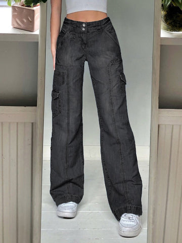 Jeans Streetwear High Waist Jeans Wide Leg Pockets Patchwork Baggy Cargo