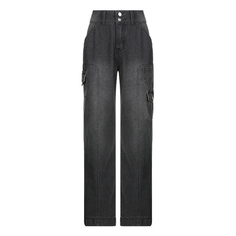 Jeans Streetwear High Waist Jeans Wide Leg Pockets Patchwork Baggy Cargo