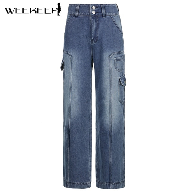 Jeans Streetwear High Waist Jeans Wide Leg Pockets Patchwork Baggy Cargo