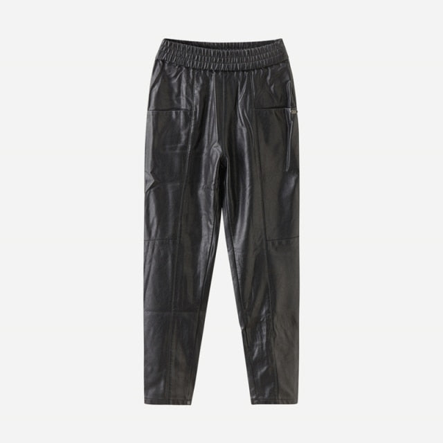 Pu Leather Pockets Full Length Pants High Street Style Elastic Waist Female
