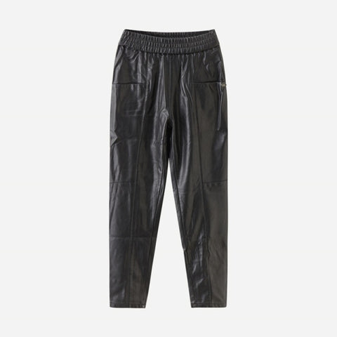 Pu Leather Pockets Full Length Pants High Street Style Elastic Waist Female