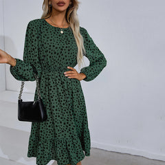 Print Ruffle Hem Midi Elegant Boho O Neck Long Sleeve Dresses